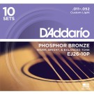 D'Addario EJ26-10P Phosphor Bronze Acoustic Guitar Strings Custom Light 11-52 10 Sets