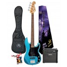 SX Vintage Style Bass and Laney LX15B Amp Starter Pack in Lake Placid Blue