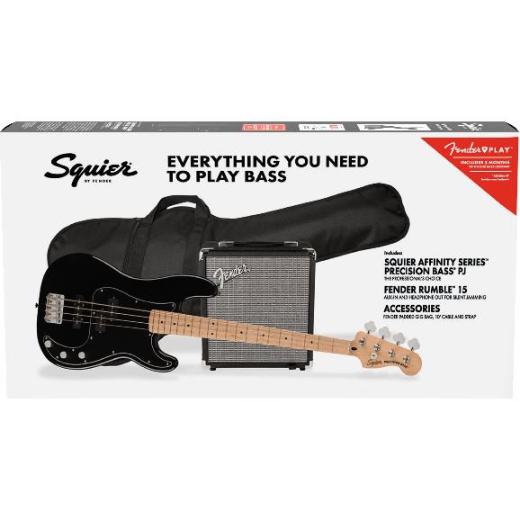 Squier Affinity Series™ Precision Bass PJ Pack, Maple Fingerboard, Black, Gig Bag, Rumble 15 - 240V AU