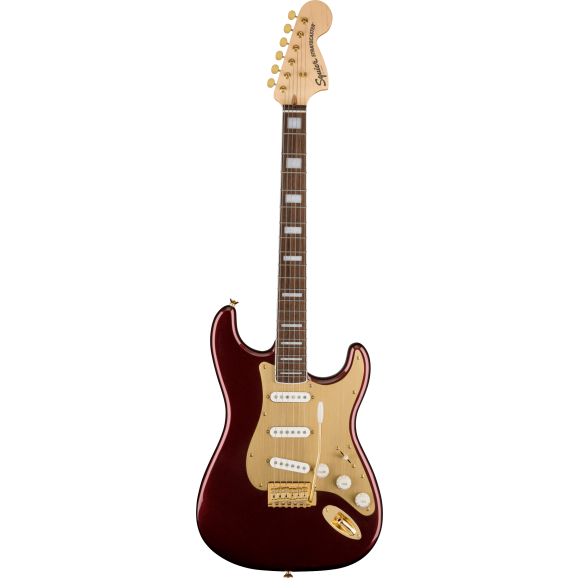 Squier 40th Anniversary Stratocaster, Gold Edition, Laurel Fingerboard, Gold Anodized Pickguard, Ruby Red Metallic
