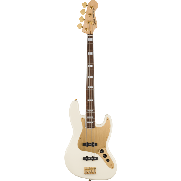 Squier 40th Anniversary Jazz Bass, Gold Edition, Laurel Fingerboard, Gold Anodized Pickguard, Olympic White