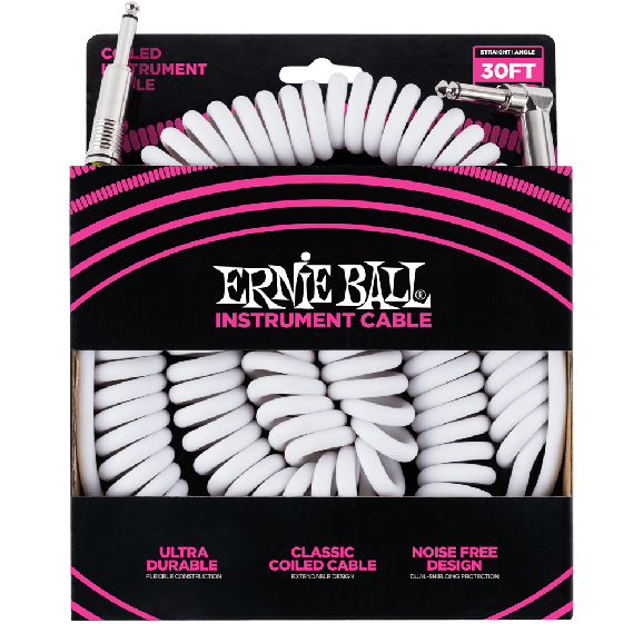 Ernie Ball - 30' Coiled Straight/Angle Instrument Cable - White White Coiled 30'