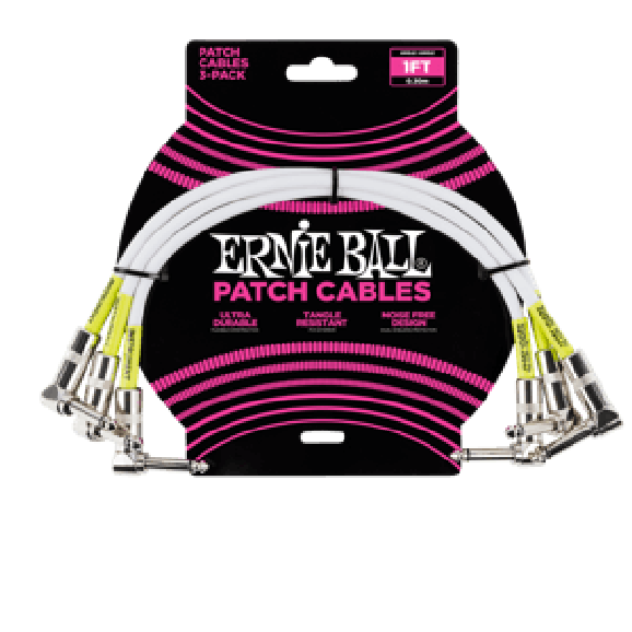 Ernie Ball Angle / Angle Patch Cable 3 Pack, White, 30cm Length