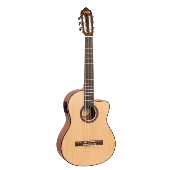 Valencia VC704CE 4/4 size Solid Top electric/acoustic classical guitar with Venetian cutaway.