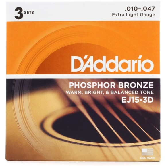 D'Addario 3 Pack of EJ15 Phosphor Bronze Acoustic Guitar Strings 10-47