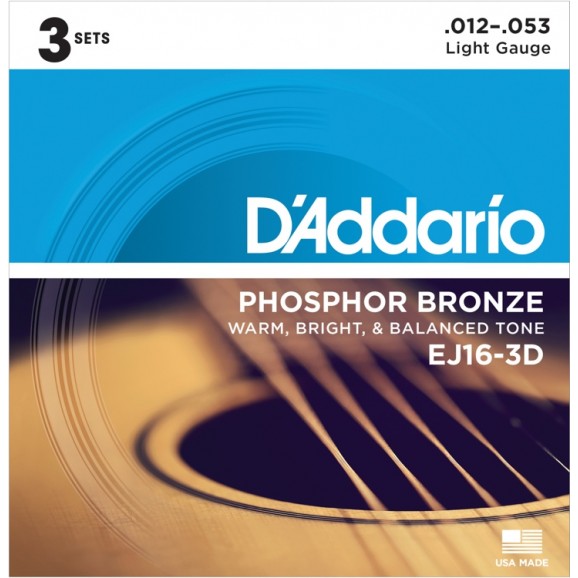 D'Addario 3 Pack of EJ16 Phosphor Bronze Acoustic Guitar Strings 12-53