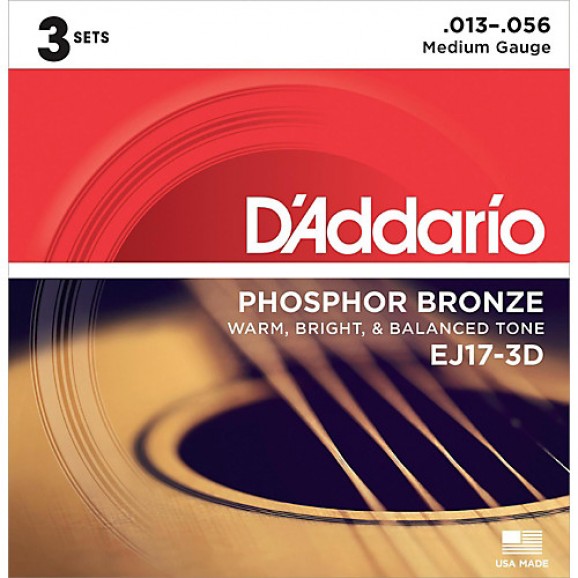 D'Addario 3 Pack of EJ17 Phosphor Bronze Acoustic Guitar Strings 13-56