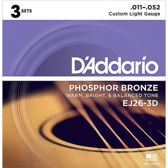 D'Addario 3 Pack of EJ26 Phosphor Bronze Acoustic Guitar Strings 11-52