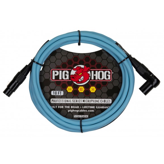 Pig Hog Hex Series RA XLR Mic Cable, 10ft - Daphne Blue - Right Angle