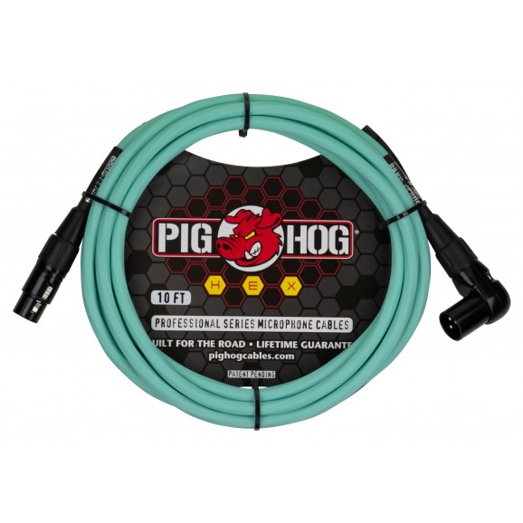 Pig Hog Hex Series RA XLR Mic Cable, 10ft - Seafoam Green - Right Angle XLR