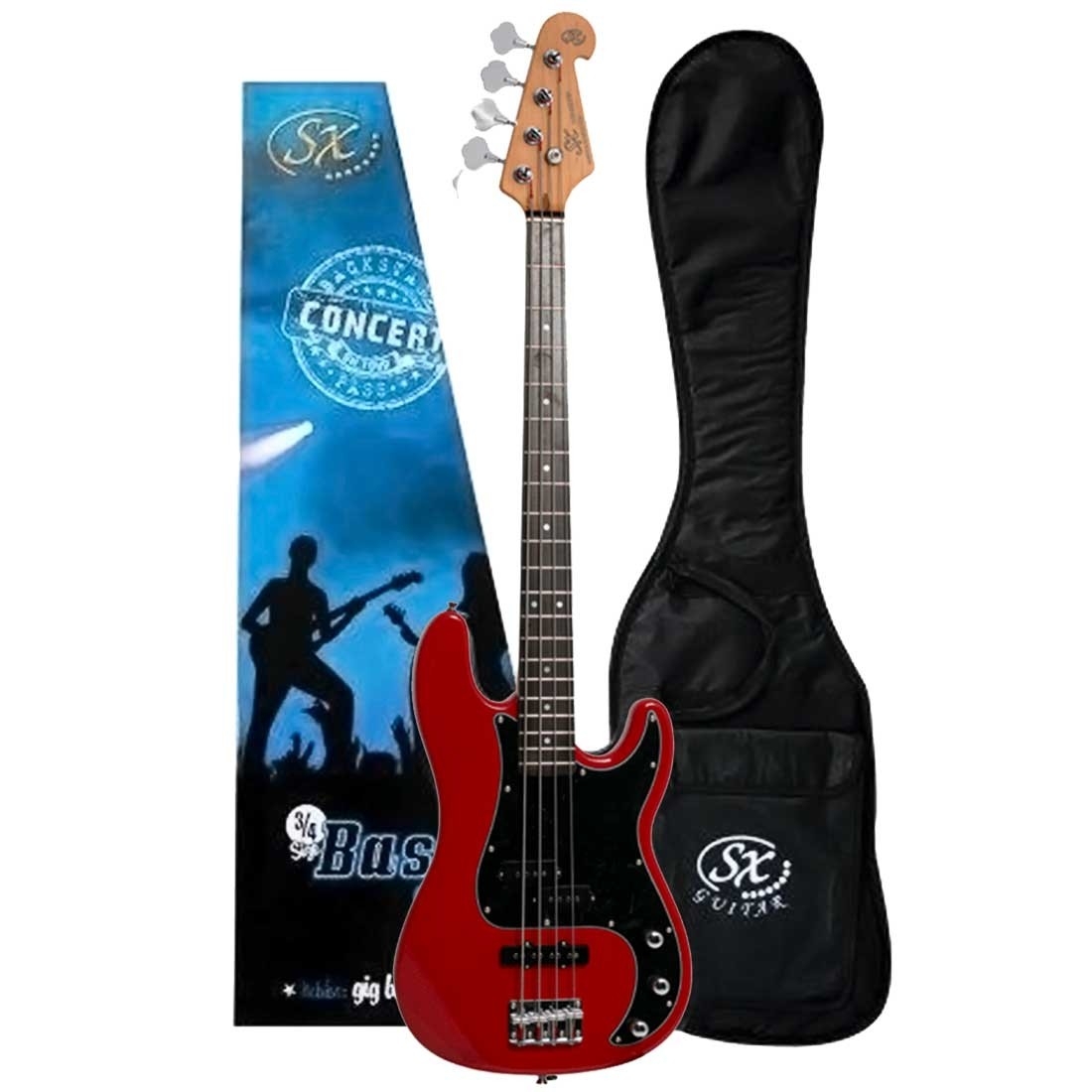 SX SX 3/4 Size Bass Guitar with Bag in Fiesta Red